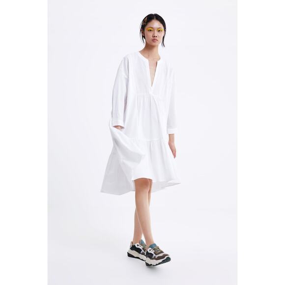 Zara White Long Poplin Midi Dress Size Small Cotton Lagenlook Quiet Luxury - Picture 15 of 15